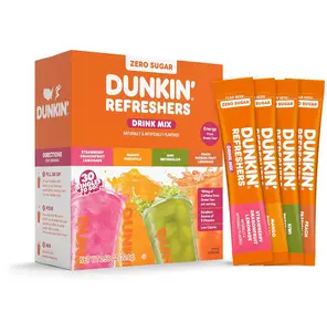 Dunkin’ Refreshers Singles To Go! Zero Sugar Powdered Drink Mix, 30 Ct Variety Pack, Energy from Green Tea, Aspartame-Free, No Synthetic Colors, 30 Single-Serve Packets, Just Add Water
