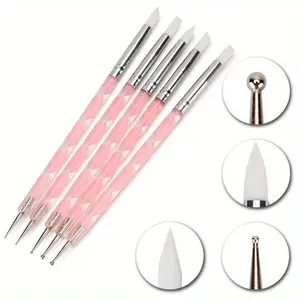 5 Pack Dual-Ended Nail Art Silicone Pens, Stainless Steel Rhinestone Applicator, Blending Carving Flower Pen, Acrylic Nail Tool Set, Manicure, Diy Nail Art
