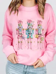 Women's Christmas Nutcracker Print Crew Neck Sweatshirt, Casual Retro Long Sleeve Pullover for Daily Wear, Ladies Clothes for Fall & Winter