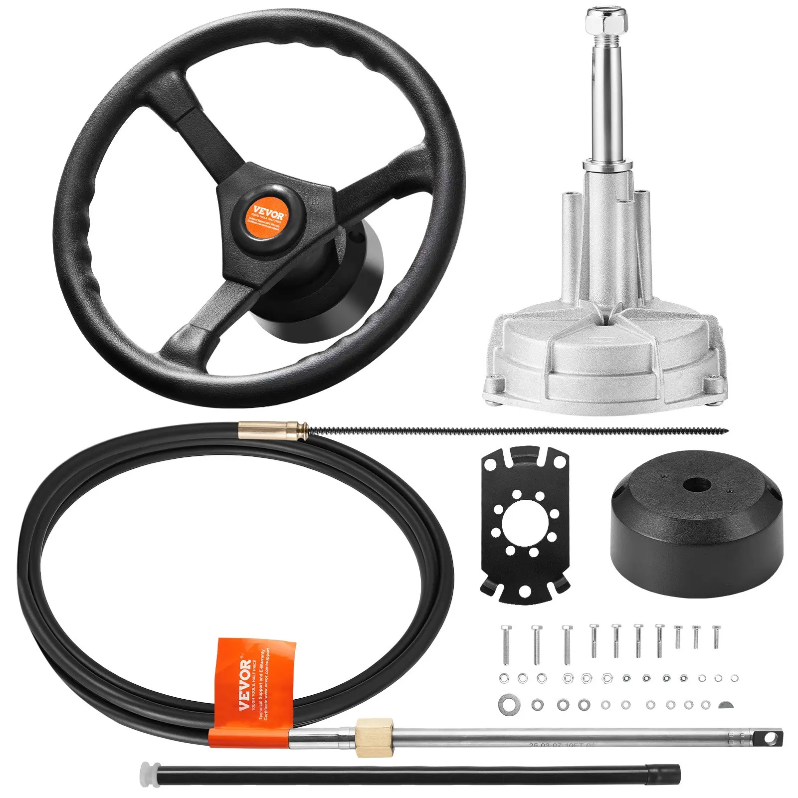 【DealsForYouDays】VEVOR Marine Outboard Steering Full Kit, Easy Install, 10 ft Cable, Cast Steel 3/4-in Shaft, 13.5-in Rotary Helm Wheel for Yachts, Waterborne Vehicles