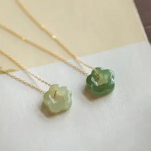 Green Hetian Jade Floral Flower Shaped Pendant -Adjustable Gold Dainty Energy Necklace for Healing Protection Strength Reiki