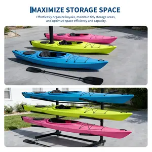 2-Tier Heavy Duty Kayak Storage Rack Adjustable Wheel Metal Stand Rust Resistant Holder for Canoe SUP Surfboard Indoor Outdoor Garage