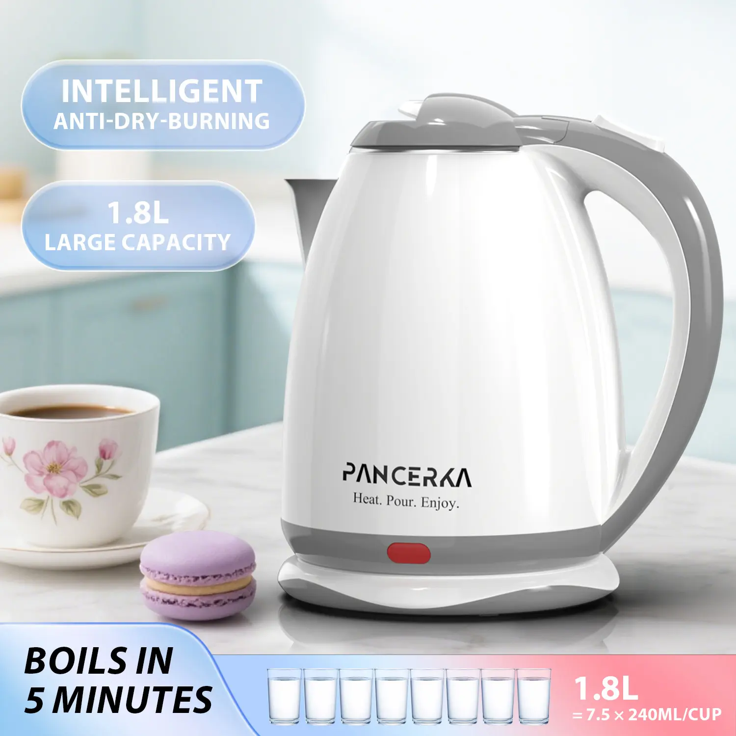 PANCERKA Electric Kettle, 1.8L Fast Boil Tea & Hot Water Kettle, Cool-Touch Double Wall, Auto Shut-Off & Boil-Dry Protection, BPA-Free, Perfect for Coffee, Tea & Daily Use
