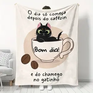 Cat Print Coffee Mug Fleece Blanket for Cozy Comfort, Soft Warm Throw for Home & Office Nap, Ideal Gift and Decorative Blanket