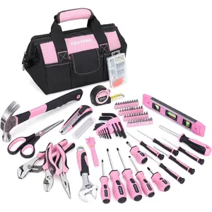 Pink Home Repairing Tool Set with Wide Mouth Open Storage Tool Bag, Household Repair Tool Kit for Daily Home Maintenance Work