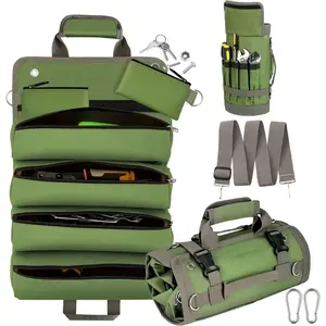Roll Up Tool Bag With Detachable Pouches, Heavy Duty Organizer With 6 Pockets for Mechanics, Electricians, DIY, Gifts for Dad, Men Birthday , Green