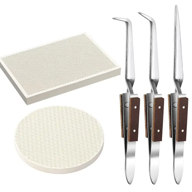 5-Piece Jewelry Welding Tool Set with Honeycomb Ceramic Solder Pads, Reversible Tweezers, Melting and Casting Tools for Jewelry Making, Metal