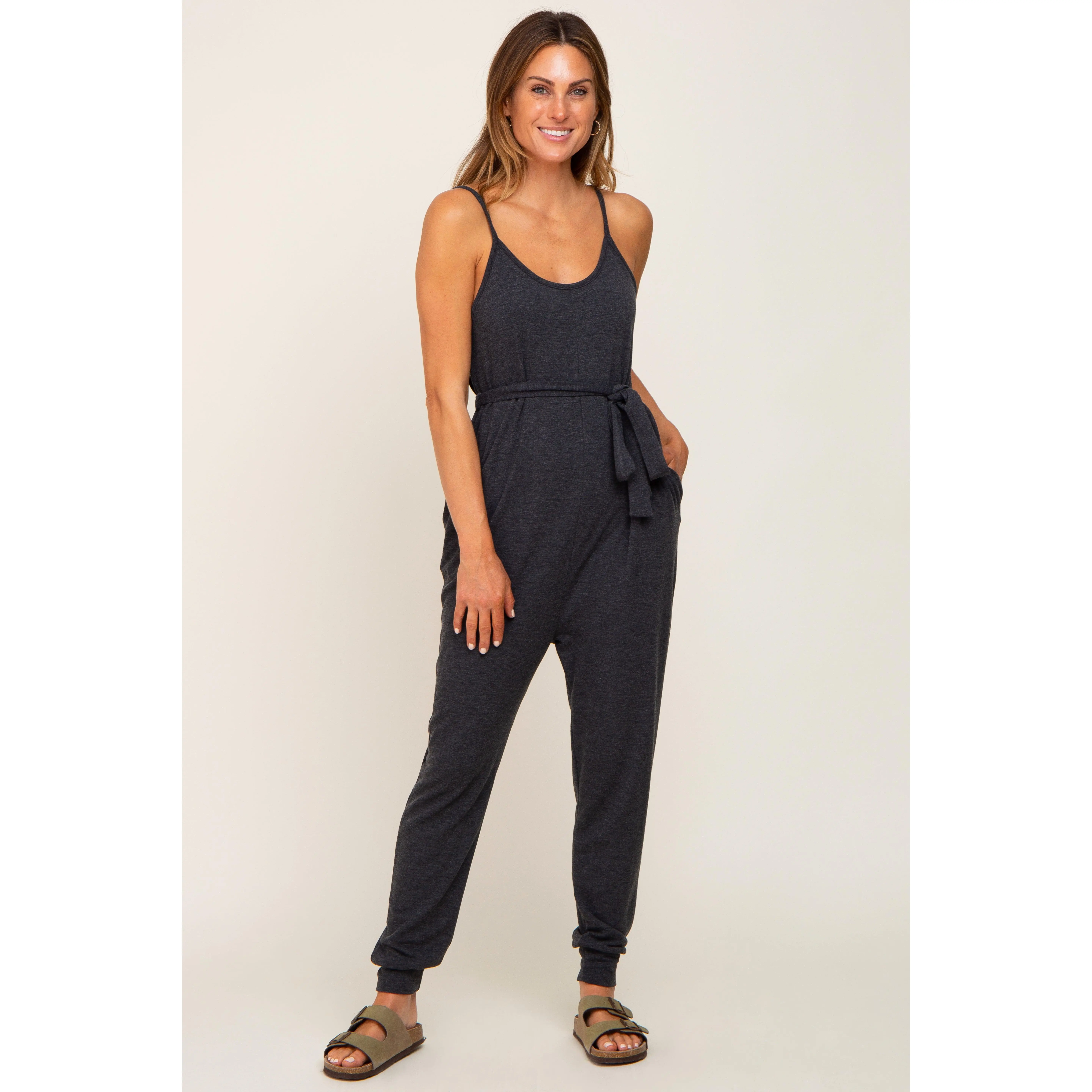 Women's Charcoal Grey Sleeveless Fit Overalls - Adjustable Sash Tie Solid Jumpsuit