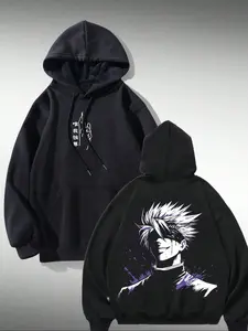 Unisex Japanese Anime Jujutsu Kaisen Theme Fitted Hoodie, Aesthetic, Colorblock, Front Back Dual Printed Patterns, Casual Fall Winter Wear