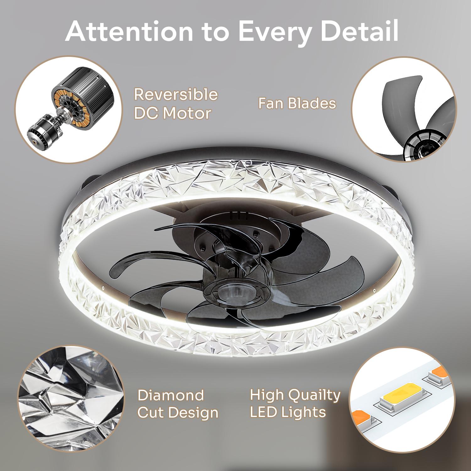 GALENTAL Cristais Multifunctional Ceiling Fan with Light, Remote Control/APP, 6 Wind Speeds, Timing Function, Reversible DC Motor, Adjustable Brightness & 3 Color Temperatures, Low Noise for Living Room, Bedroom, Study