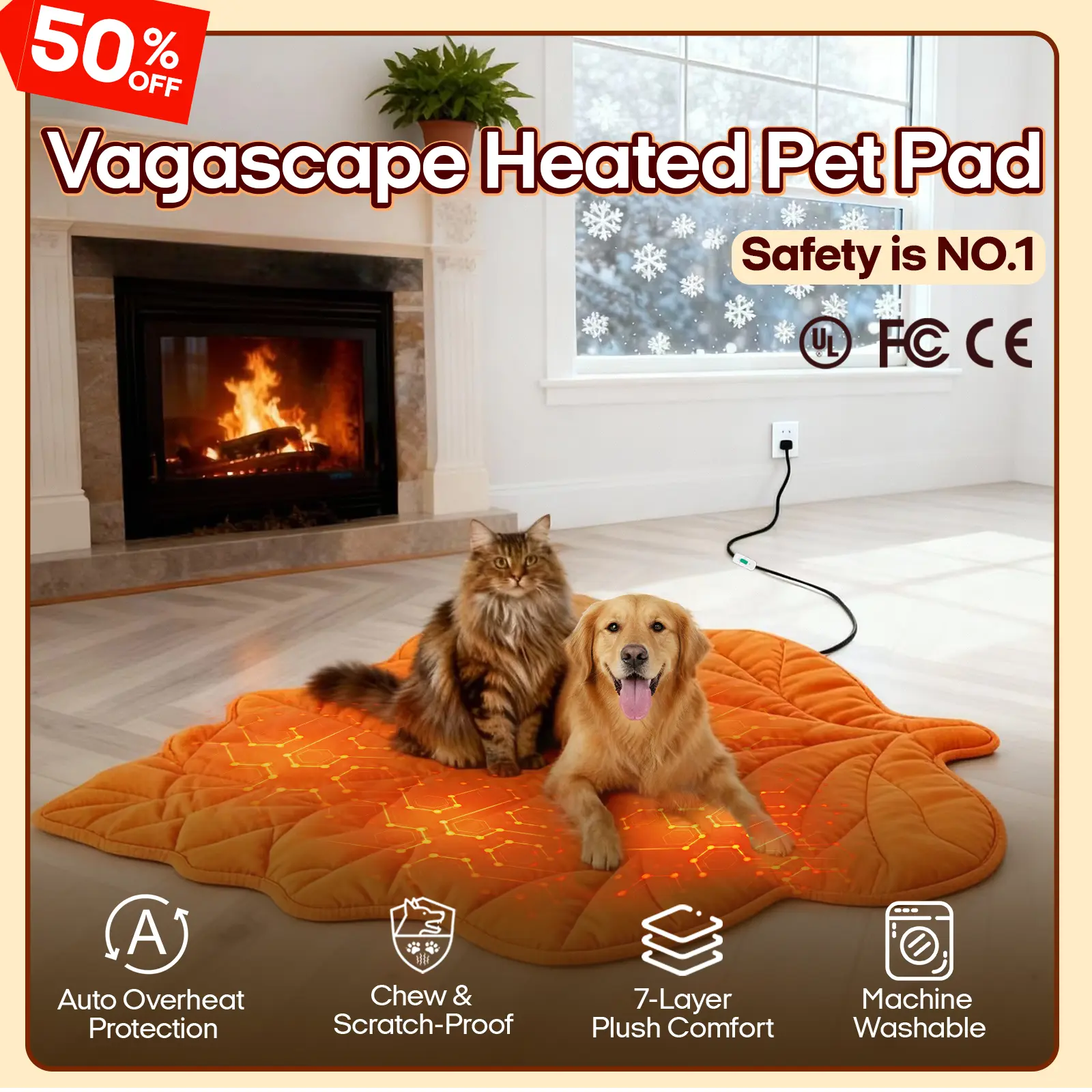 Vagascape Heated Pet Shaped Bed for Dogs - 7-Layer Safety Design, Auto Overheat Protection, Chew-Resistant Cord, Waterproof, Machine Washable, Consistent Warmth, UL/FCC/CE Certified Warming Pad Bed Mat, Shaped Beds