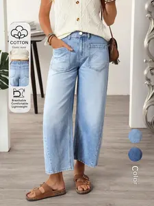 Women's Casual Street Patchwork Pocket Loose Wide Leg Denim Jeans，Baggy Loose Summer Jeans, Perfect for All Seasons & Casual Occasions