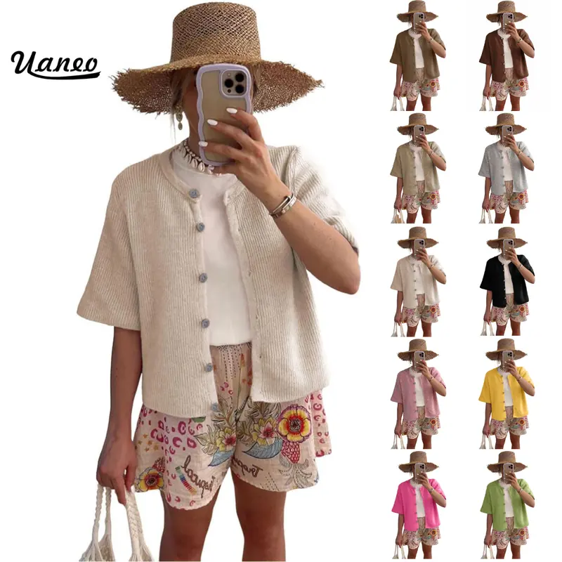 UANEO Women's Cardigan Knit Sweater Solid Crew Neck Button Down Soft and Lightweight Breathable Shrug for Casual Work Office Cover Up Versatile Summer Fall Layering Basics Vacation Outfits