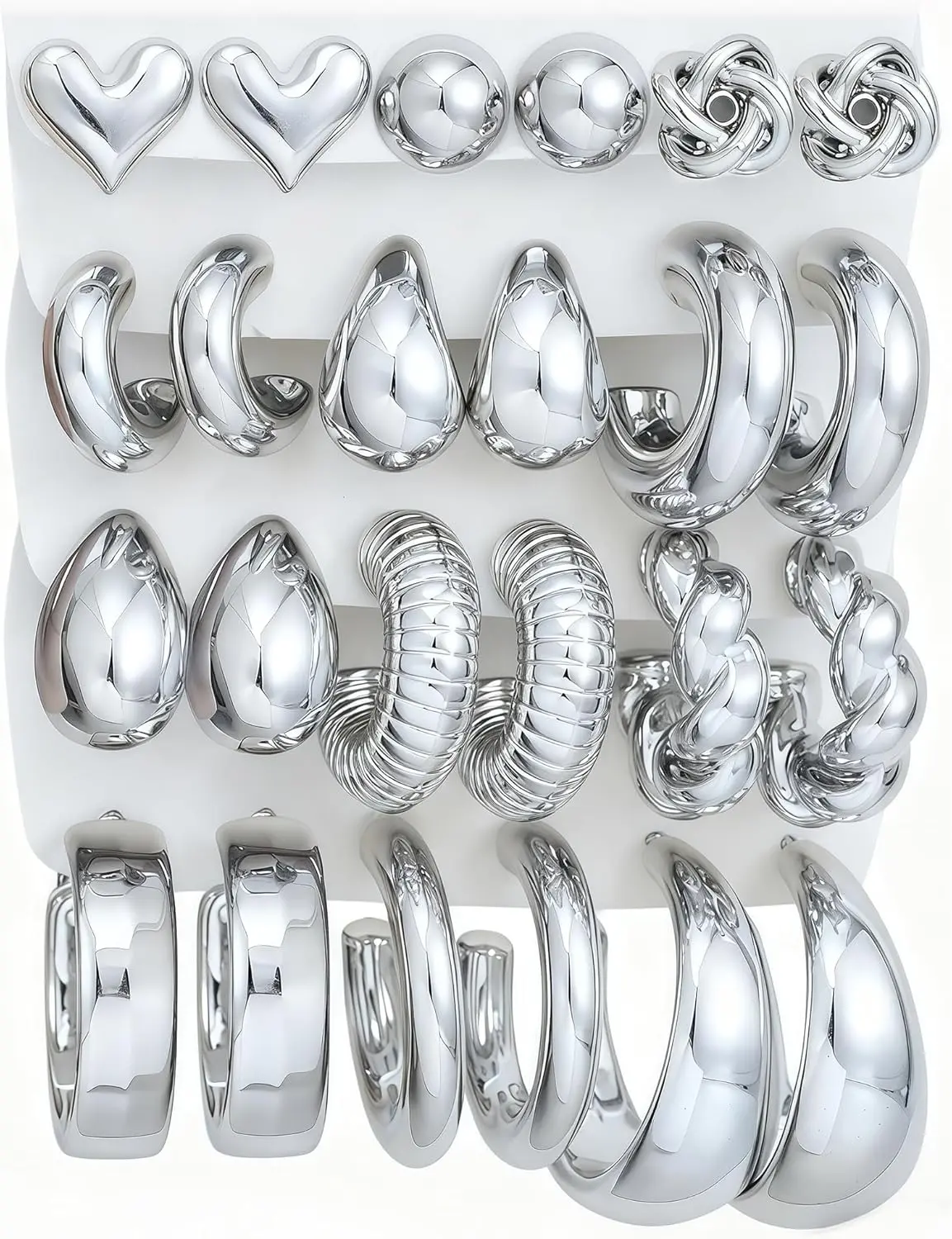 Women's 12-Pair Silver-Plated Chunky Hoop Earrings Set - Lightweight Thick Open Twisted Non-Tarnish Huggie Hoops, Ideal for Birthday, Wedding, Valentine, Anniversary; Includes Stud Earrings Gift Option, Elegant, Small Hoops