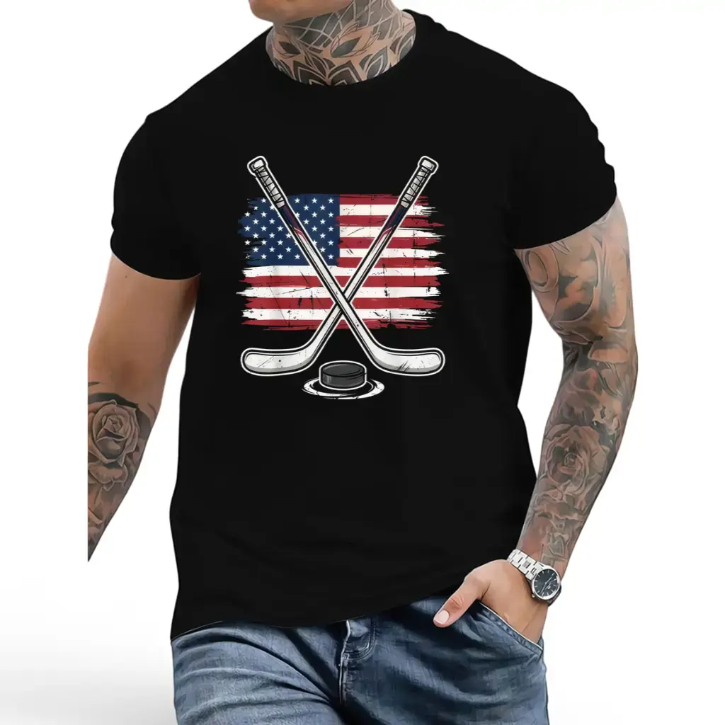 Men'S Gildan T-Shirt Featuring an Engaging Ice Hockey USA Flag Design, Ideal for Casual Wear on Different Occasions. A Great Gift for Your Boyfriend Or Father During Carnival