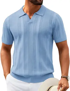 COOFANDY Mens Knit Polo Shirts V Neck Textured Polo Shirts Short Sleeve Breathable Polo Casual Collared T Shirt Fashion Tops