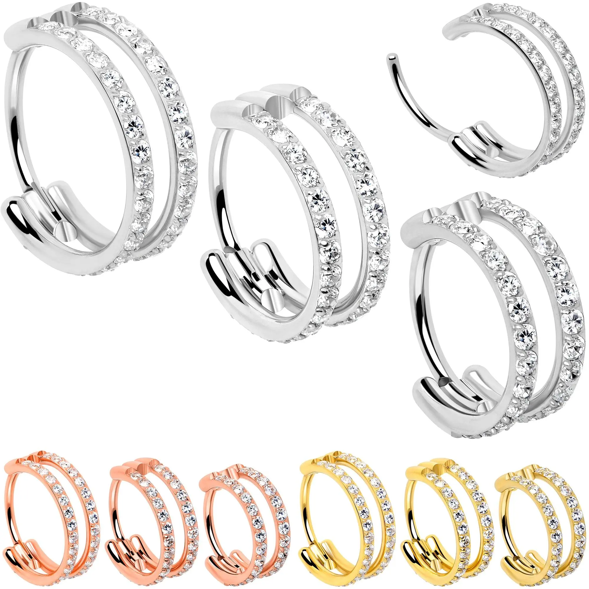 Body Candy 20G Double Row Micro Gem Implant Grade Titanium Hinged Double Hoop Nose Ring