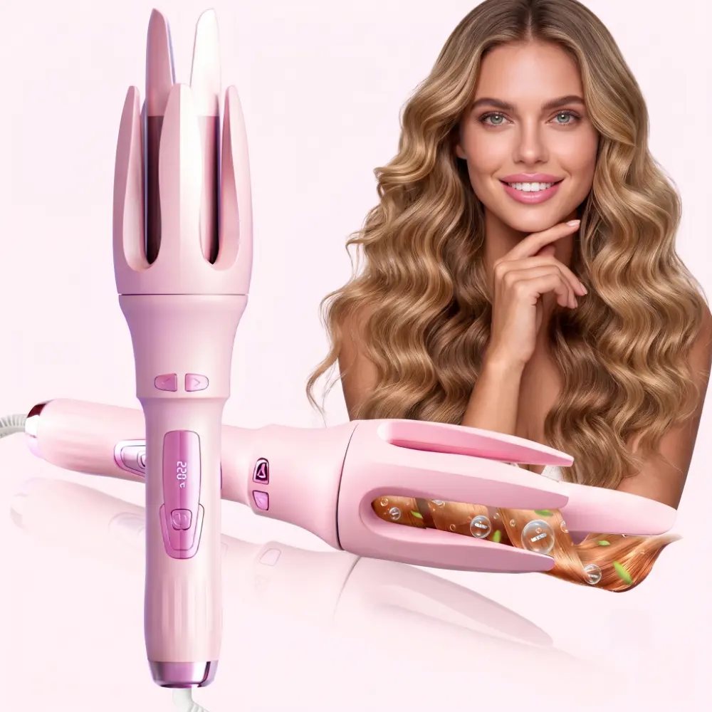 Q3 Automatic Hair Curler - 1.25 in Heated Automatic Hair Styler with 4 Temperatures, Fast Heating, Dual Voltage, Rotating Design, Auto Shut-Off, Pink Plug for Perfect Curls, Bouncy Curls, Rotating Curling Wand, Automatic Curling Stick