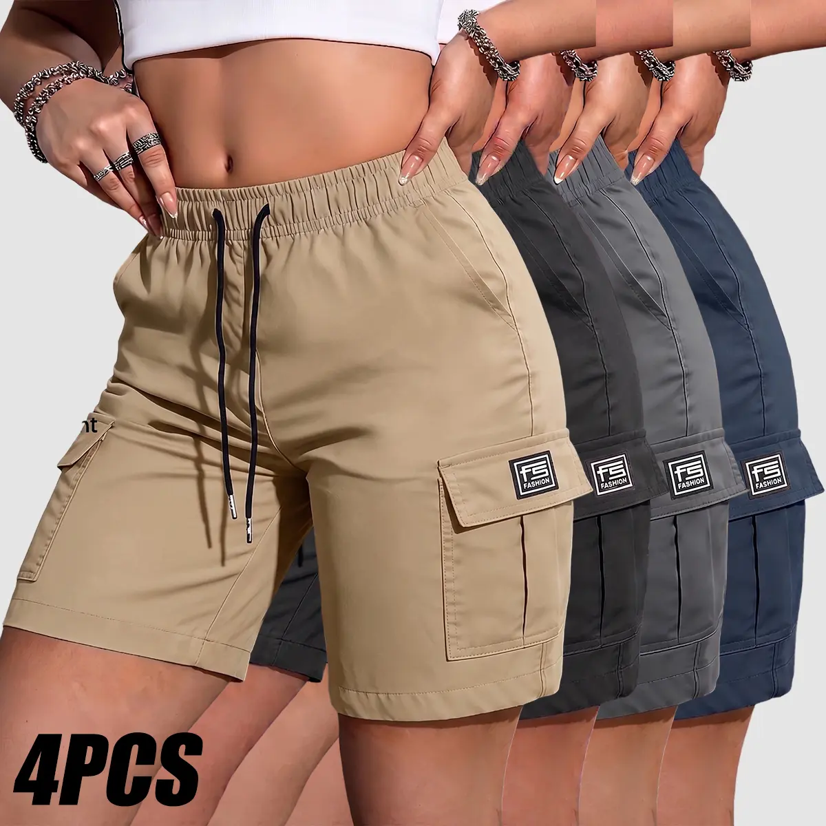 4PCS Summer Women’s Cargo Shorts featuring an elastic waistband, side pockets, and drawstring design; sturdy and durable with a multi-pocket design and good breathability—perfect for outdoor activities and everyday wear. Summer charm, summer victory, summ