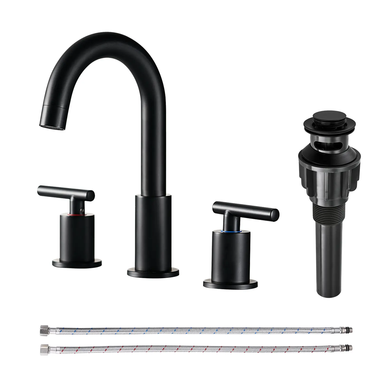 WOWOW 8-in Widespread Double-Handle 3-Hole High-Arc Lead-Free Black Stainless Steel Rotating Spout Bathroom Sink Faucet 2325200b, Traditional Modern Bathroom Fixtures Complete Kit with Popup Drain Kit & Hose