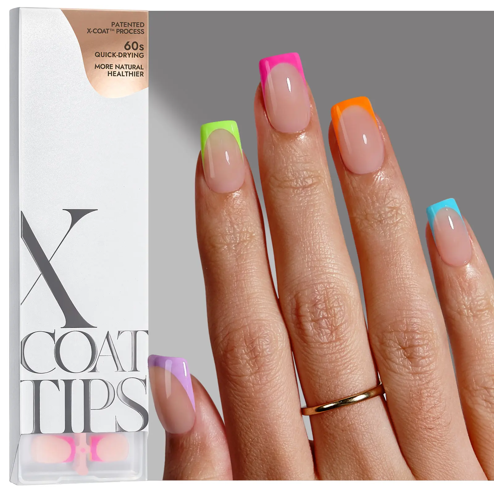 BTArtboxnails XCOATTIPS French Tips - 150pcs Brighter pastel Press On Nails Square or Almond or Coffin, Brighter pastel Short Fake Nails, Soak Off Soft Gel Acrylic Nail Extensions
