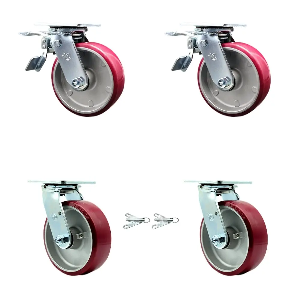 Service Caster SCC-TTL30S620-PAR-2-BSL-2 Heavy-Duty Polyurethane-on-Aluminum Glide Casters, 6in Swivel Plate Wheels (Set of 4), 2 Bolt-On Lock Swivels, 4800 lbs Capacity, Total Brake, for Commercial Equipment, Warehouse Carts, Smooth Roll on Uneven Floors