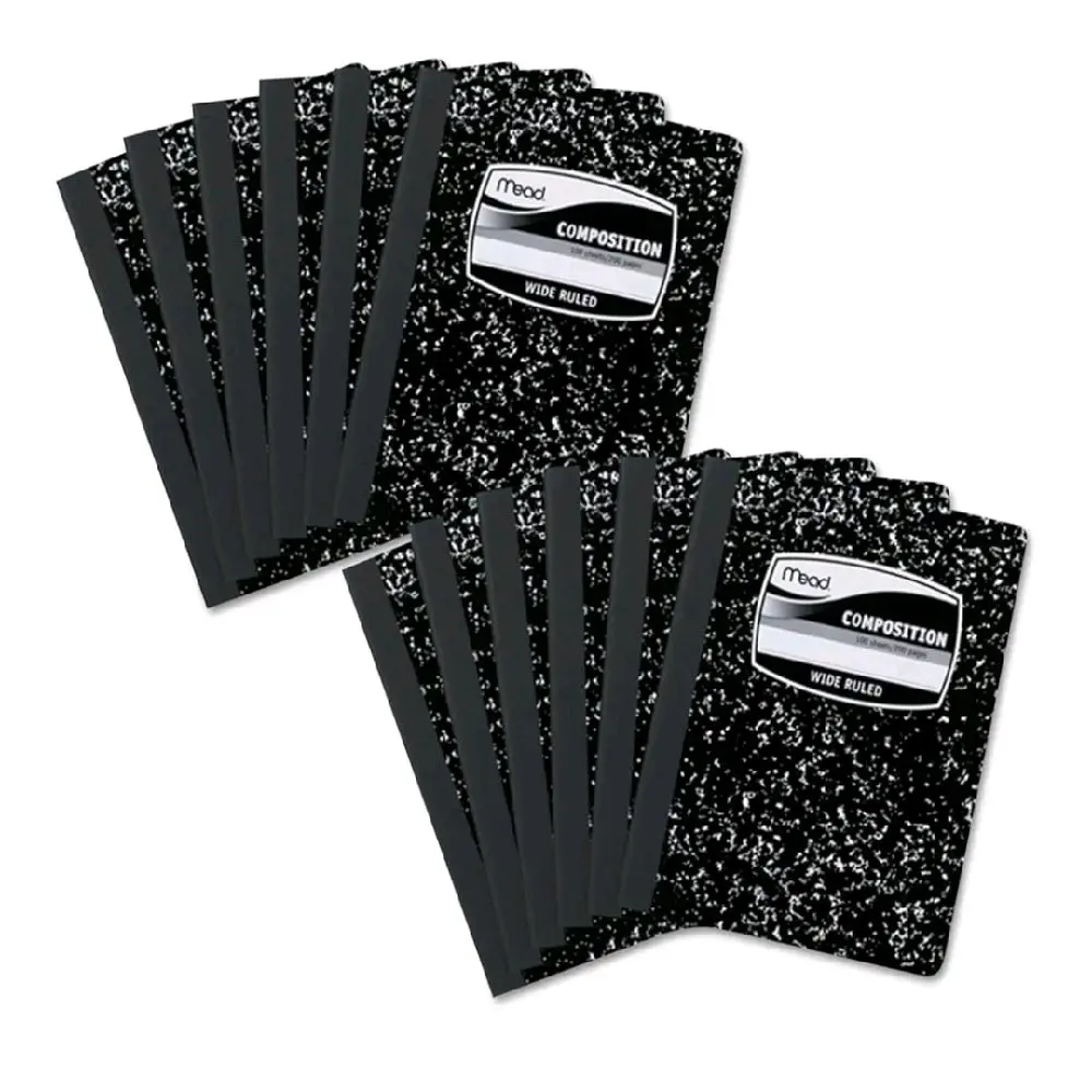Mead Composition Notebook, 12 Pack, Wide Ruled Paper, 7-1/2" x 9-3/4", 100 Sheets per Comp Book, Black Marble (72936)