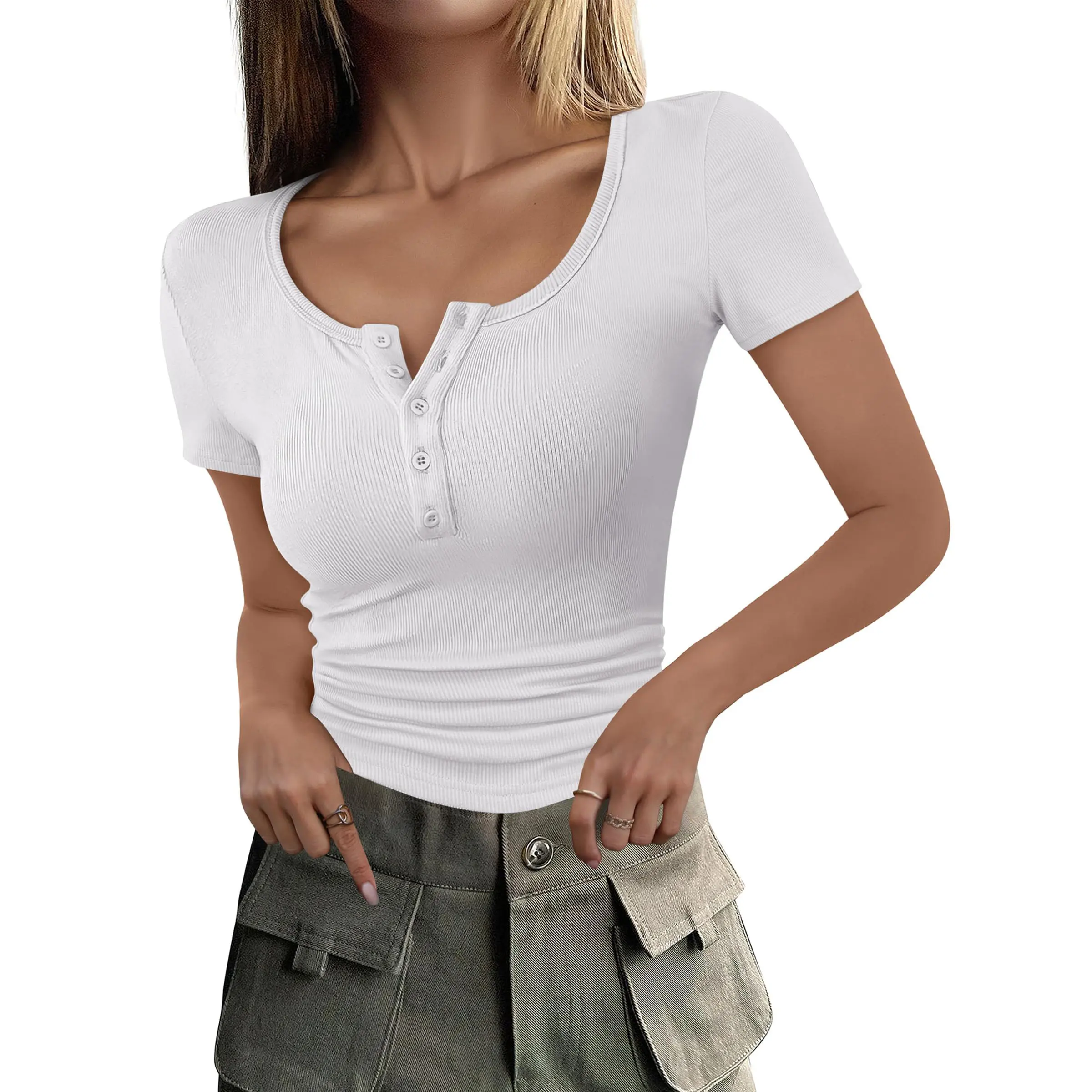 ANRABESS Women's 2026 Spring Summer Short Sleeve Tops Ribbed Knit Henley Button Up Slim Fit Basic Skinny Casual Outdoor T Shirts Blouse Knit Pullover Tops Knitwear