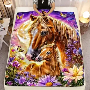 1pc Horse & Floral Bedspread/Bed Cover - Lightweight Flannel Sofa Bed Blanket With Horses & Flower Pattern, All-Season Soft Warm Bedding Suitable Home, Camping, Travel - Washable Cozy Bed Cover, 2D Flat