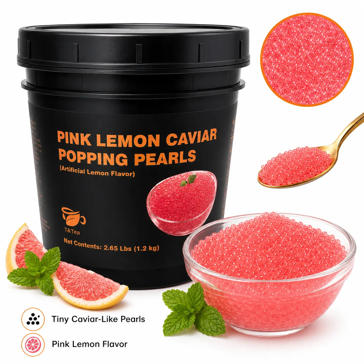 Pink Lemon Caviar Popping Pearls, 2.65 lb / 1.2 kg Tiny Caviar-Style Pink Lemon Popping Boba for Drinks, Yogurt, Desserts, Cookies & Canapés