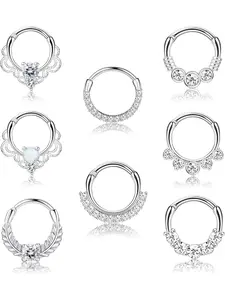 8PCS 16G Septum Clicker Ring Stainless Steel CZ Opal Cartilage Helix Tragus Hoop Daith Earrings Nose Rings Hoop Hinged Segment Clicker Ring Piercing Jewelry
