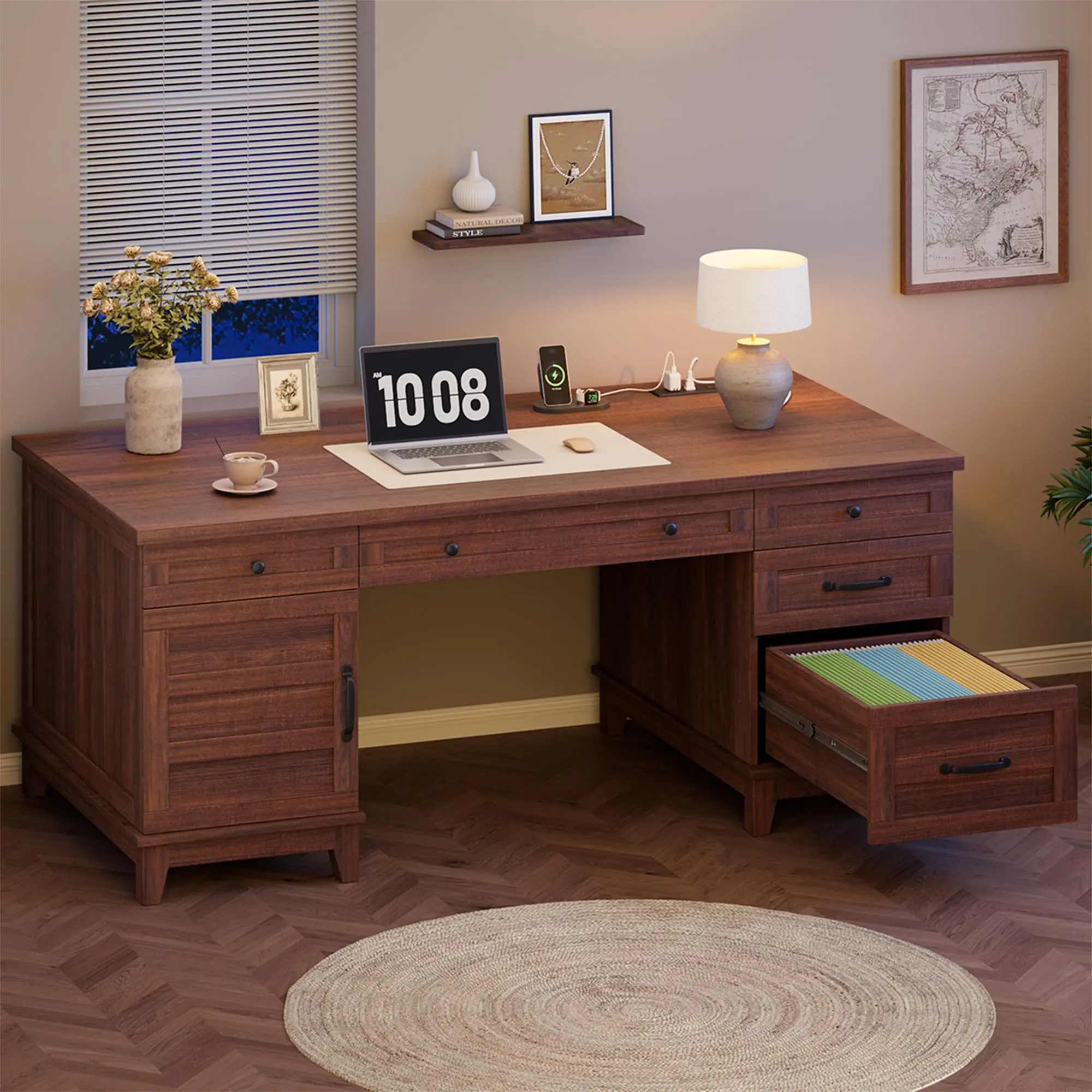 Garvee Executive Desk with File Drawers, Farmhouse Home Office Desk with Charging Station, 60 in Wooden Computer Desk with Cabinet Storage for Work Study Writing, Walunt Brown