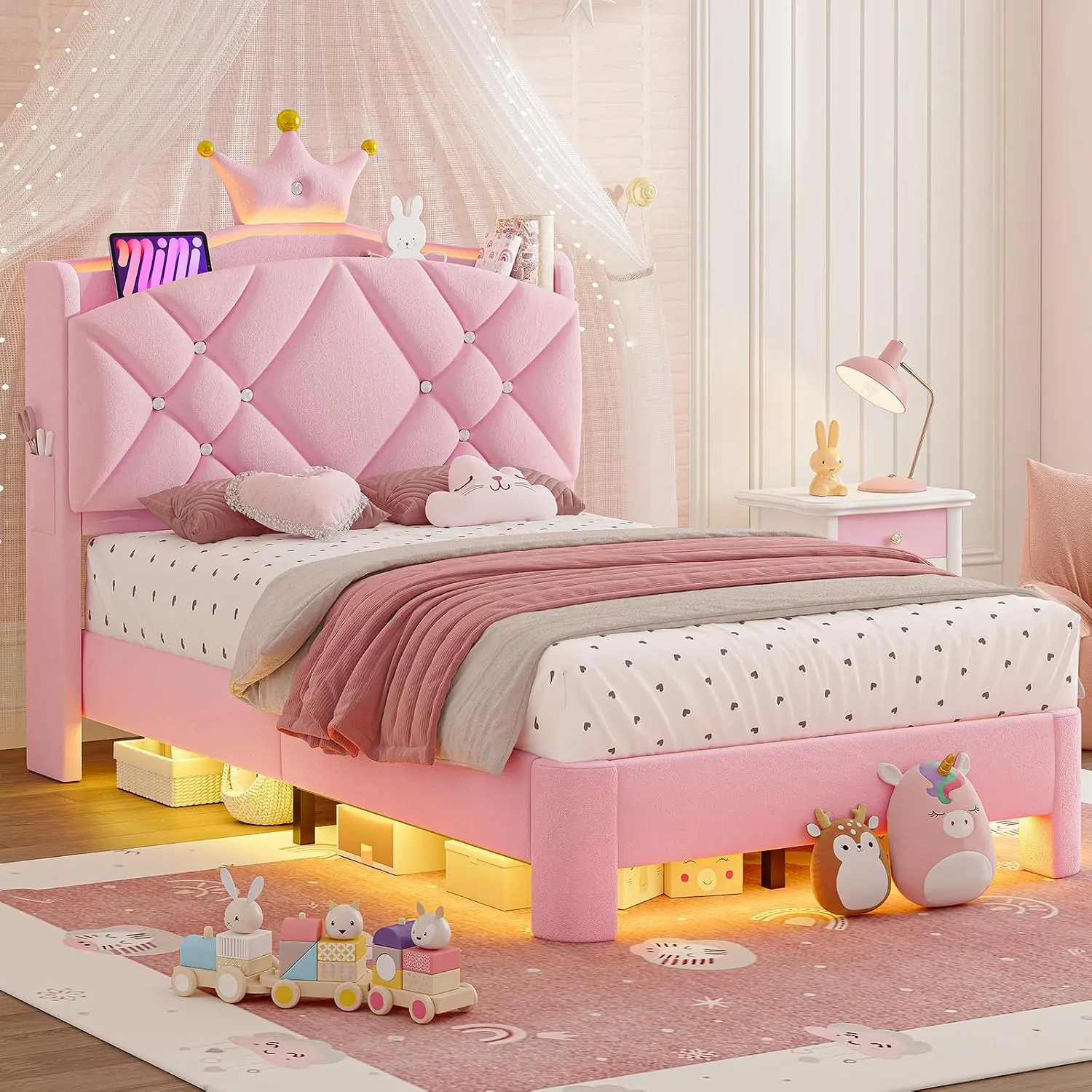 VIAGDO Twin Bed Frames with Storage Headboard, Princess Velvet Upholstered Bed with LED and Charging Station, Platform Bed with Crystal Button & Crown, Curved Legs, Wooden Slats Support for Girls, Pink