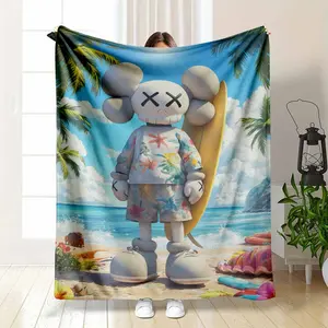 Beach Cartoon Character Flannel Blanket Tropical Surfing Style Print Soft Cozy Lightweight Warm Throw for Living Room Bedroom Sofa Travel Summer Holiday Gift for Friends Home Decoration Use summerwins