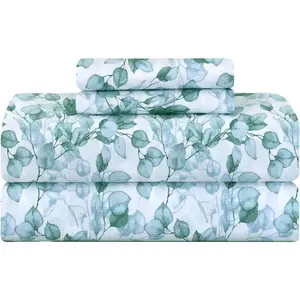 Printed 500 TC Queen Size 4pc Damask Bed Sheet Set, 100% Soft Cotton Breathable Bedsheets, 18" Deep Pockets Sateen Weave Striped Bedding Resort Hotel Luxury - Green Leaf