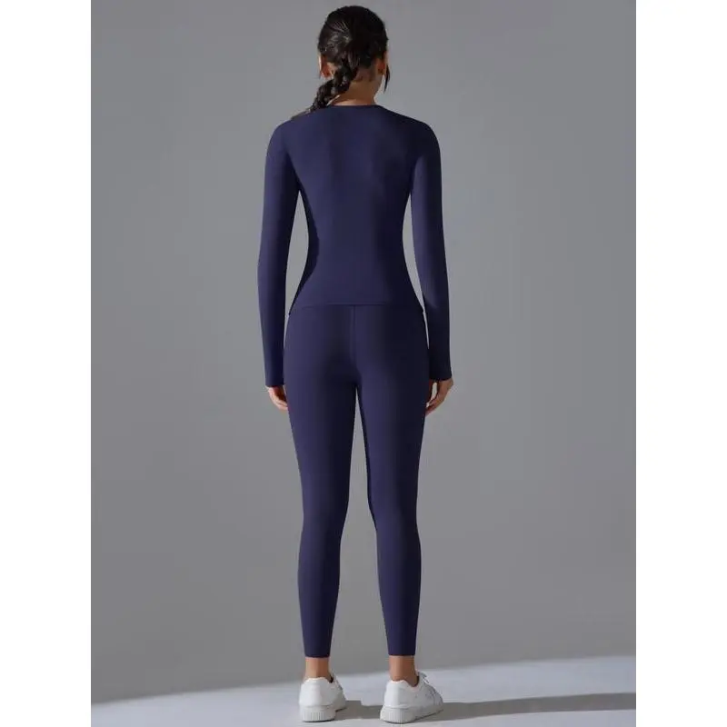 Women's Solid Long Sleeve Tee & Leggings Sports Set, Casual Comfy Breathable Two-piece Outfits for Yoga Gym Workout Running, Ladies Sportswear for All Seasons Women's Solid Long Sleeve Tee & Leggings Sports Set, Casual Comfy Breathable Two-piece Outfits for Yoga Gym Workout Running, Ladies Sportswear for All Seasons