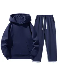 Men's Solid color Two-Piece Sweatsuit Set, Fitted Casual Hoodie & Drawstring Pants, Thick Fabric for Fall Winter, Daily Wear Essentials