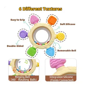 Rattle Teether with 6 Textures, internal ball feature to encourage motor skills, newborn baby chew Sensory Teether toy, montessori toy