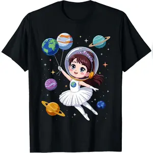 Men's Casual Short-Sleeve Streetwear T-Shirt, Cool Cotton Top with Cute Ballerina Girl, Space Astronaut & Funny Space Balloons Prints