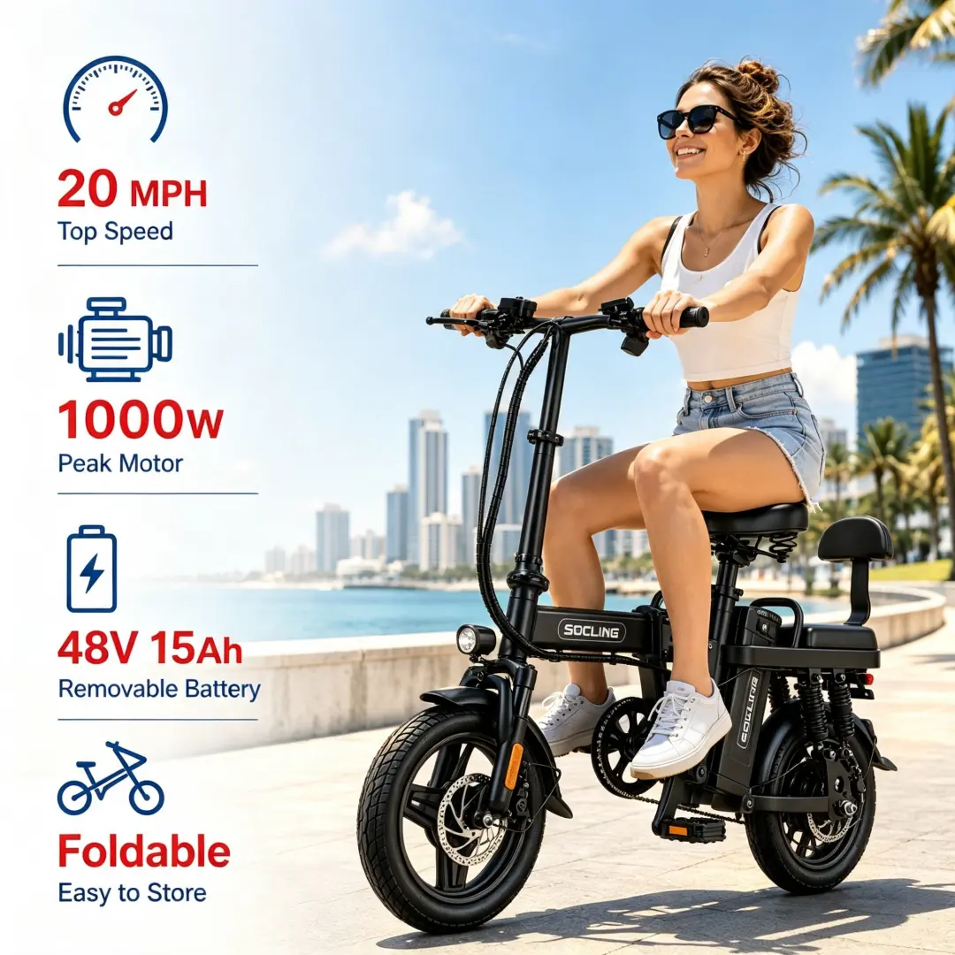 Adult 14-Inch Lightweight Folding Ebike - Outdoor Commuting, 1000W peak , 48V 15Ah Battery, Dual Suspension, Dual Disc Brakes, LCD Display, 20MPH Speed, Adjustable Seat, Ebikes long-lasting Foldable Electric Bike, Compact, E-Biking, Commuter Bicycle, Dual