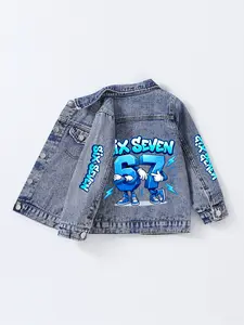 Trendy Cartoon Number Print Kids Denim Jacket, Lightning Graffiti Style, Spring & Fall Baby Vintage Jean Coat, Boys Streetwear