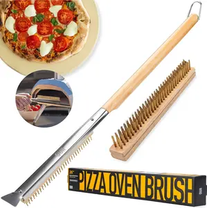 OUII 26'' Pizza Oven Brush with Stone Scraper - 2 Brush Heads, Stainless Steel Bristles - Long Grip Handle, Compatible with Ooni & All Pizza Ovens