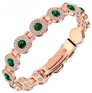 4X Strength Magnetic Copper Bracelet 3800 Gauss Magnets for Women with Rose Gold Plating and Green Gemstones