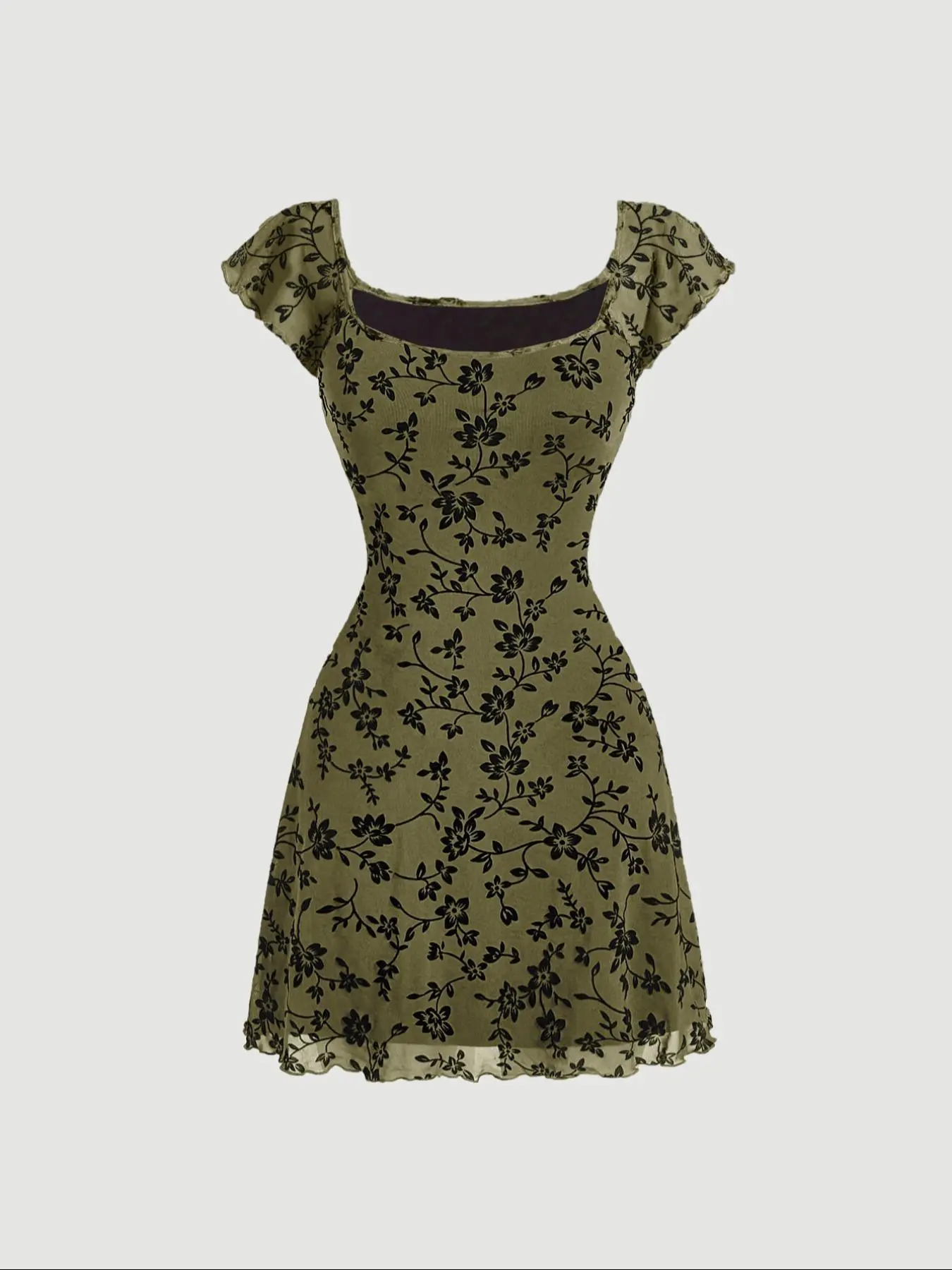 Women's All Over Floral Print Lettuce Trim Square Neck A-Line Dress, Boho Floral Dress, Y2k Casual Cap Sleeve Short Dress for Daily Wear, Ladies Clothes for All Seasons, Summer Womenswear, Boho Fashion Dress, Boho Style Clothes