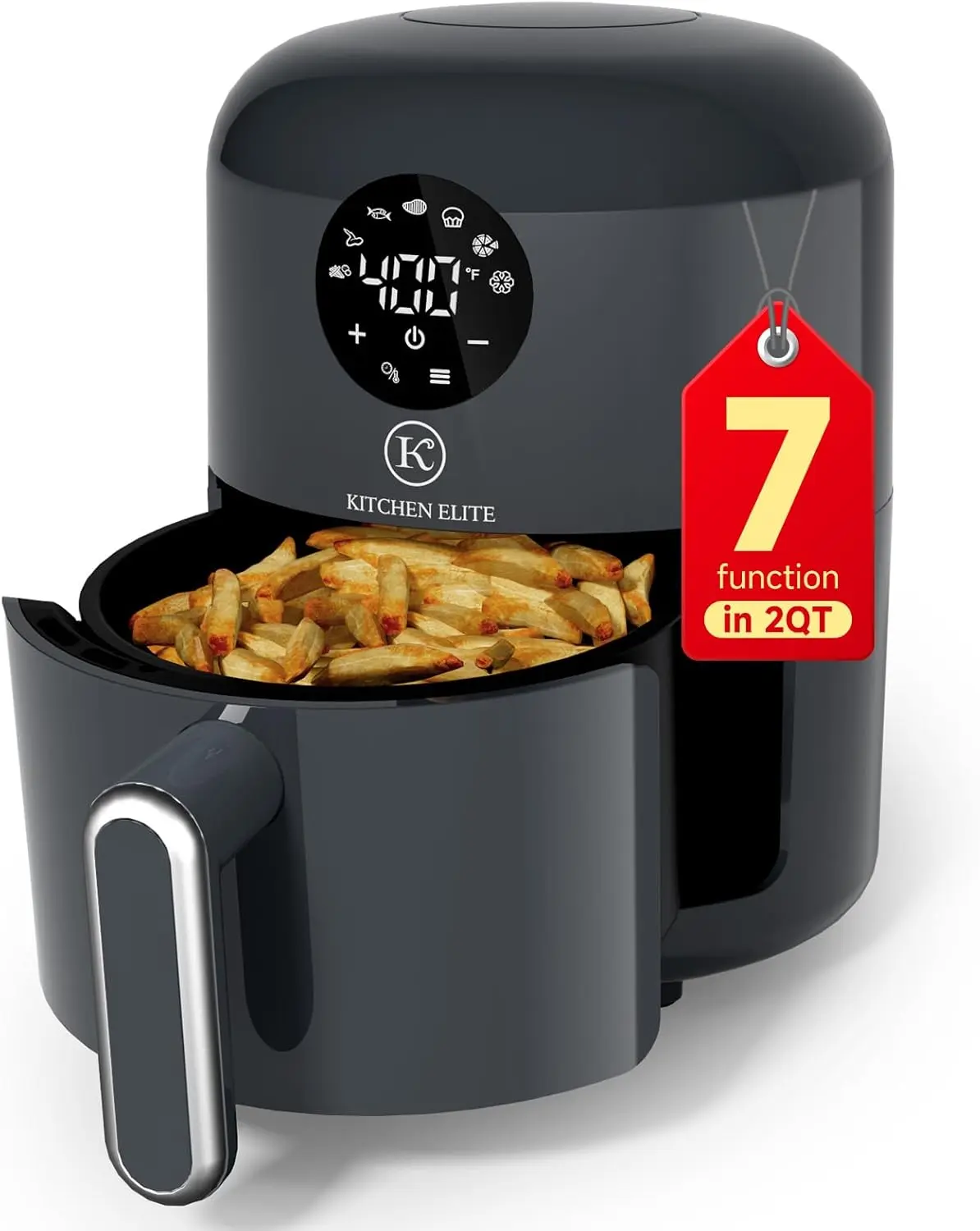 Kitchen Elite Air Fryer Compact 7-in-1 Digital 2QT Space Saving 90% Less Oil Nonstick Dishwasher Safe Basket Easy for Crispy Meals & Snacks with Tray Gray