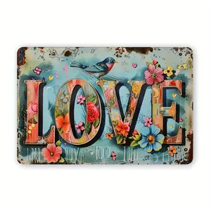 Cottagecore "LOVE" Metal Tin Sign - Vintage Floral & Bluebird Wall Art - Shabby Chic Garden Fence Decor - Rustic Spring Home Decoration