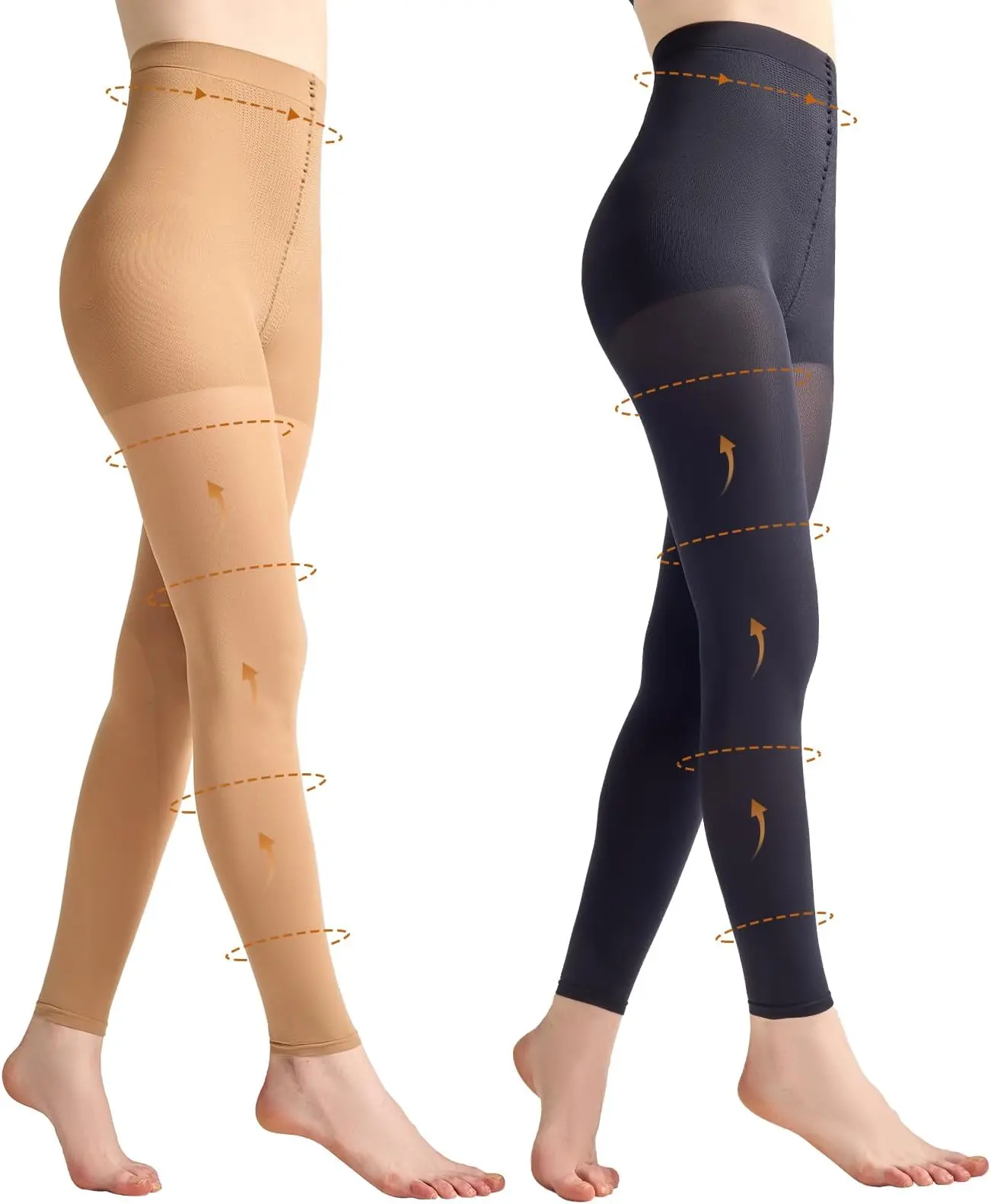 2 Pairs Footless Compression Tights for Women, 80D Opaque Support Hose 10-15mmHg High Waist Control Top Pantyhose