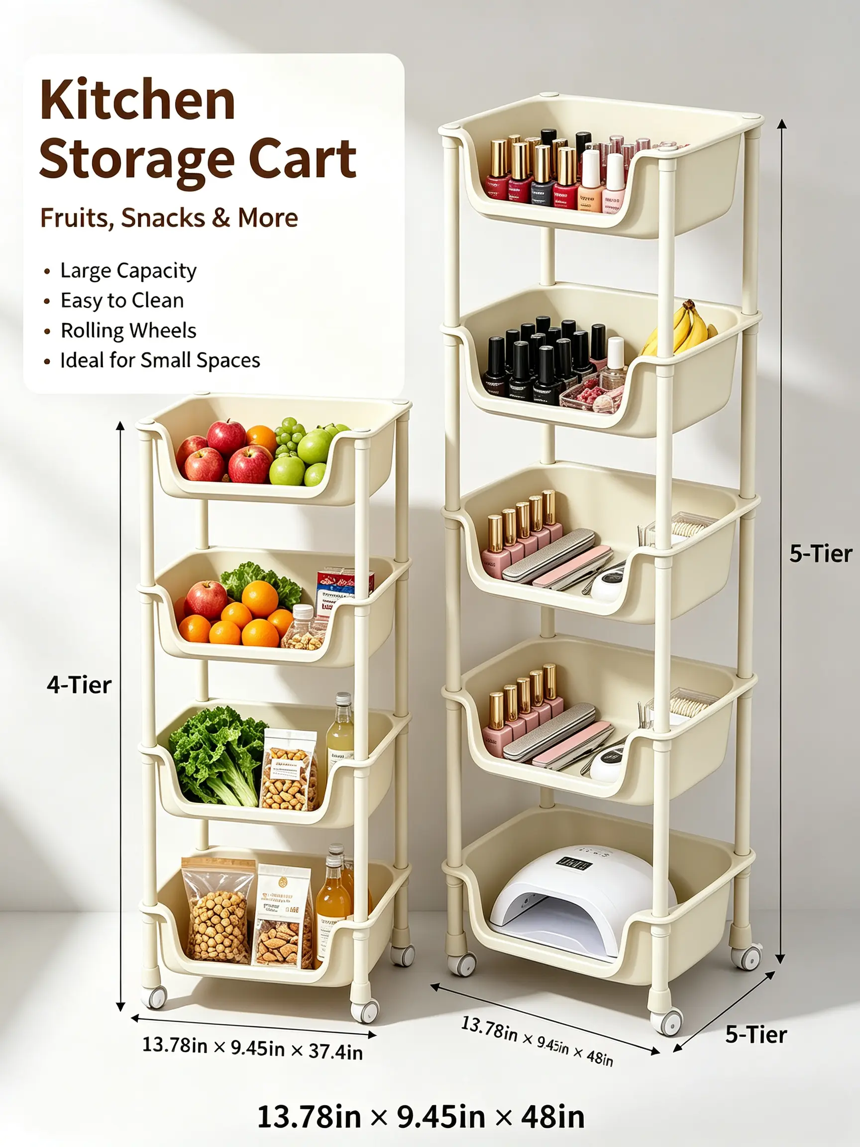 4/5-Tier Rolling Cart with Wheels,Multifunction Utility Storage Carts, Kitchen Storage Organizer,Mobile Shelving Unit for Bathroom,Laundry