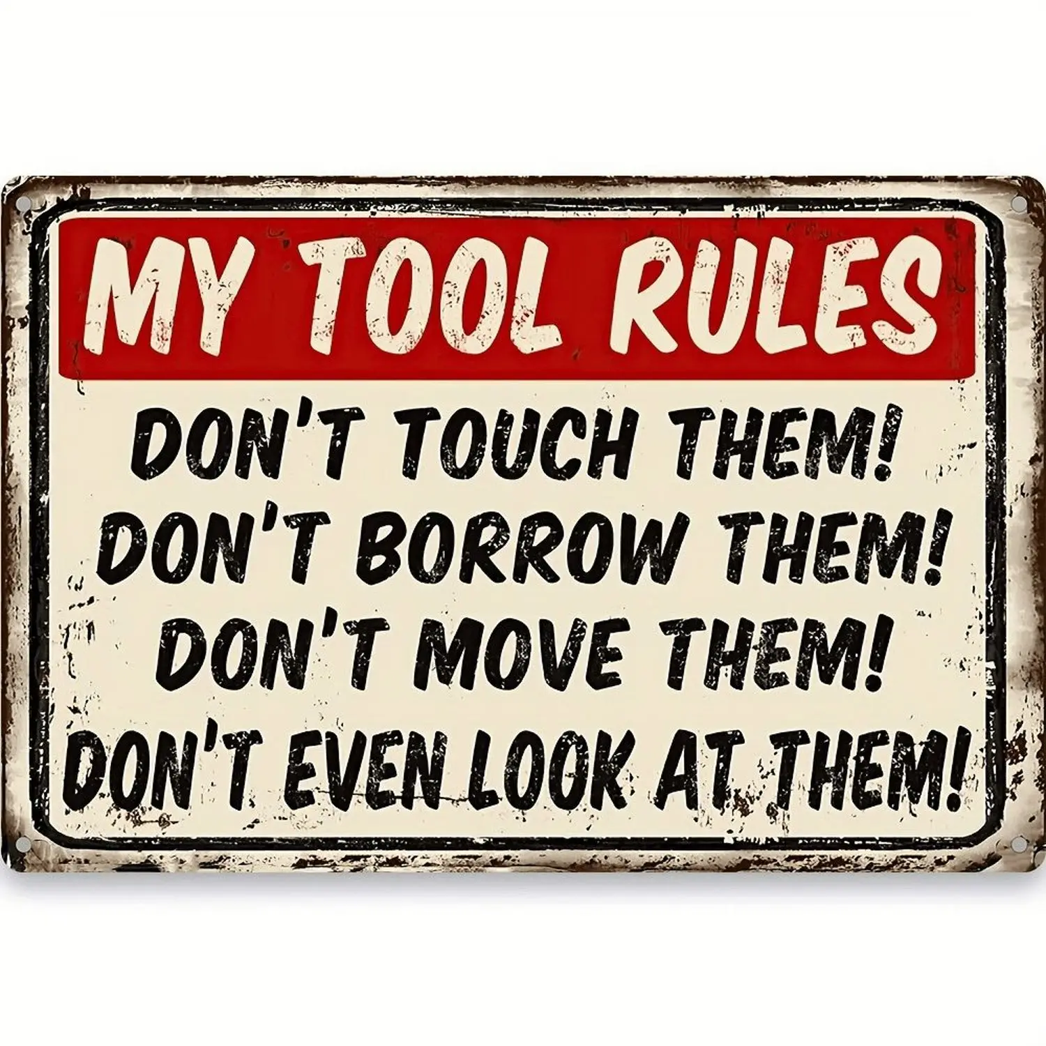 2D Flat, 1pc Funny Metal "My Tool Rules" Vintage Rustic Iron Wall Sign - 8x12 Inch Humorous Garage Workshop Decor with Tool-Themed Prohibitions, for Man Cave & Home Decoration, Durable Metal Art for Tool Shed or Bedroom