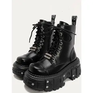 Women's Punk Metal Buckle Boots, Gothic Style Thick Sole Short Boots, Unique Design Lace-Up Knight Boots for Women